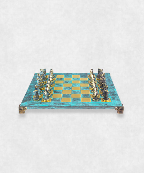 cycladic art chess zoom on chessmen turquoise board