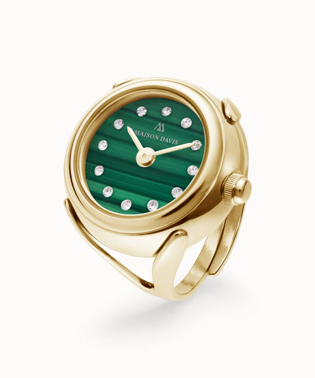Ring watch Maison Davis in yellow gold with malachite dial, crystal markers, Swiss made.