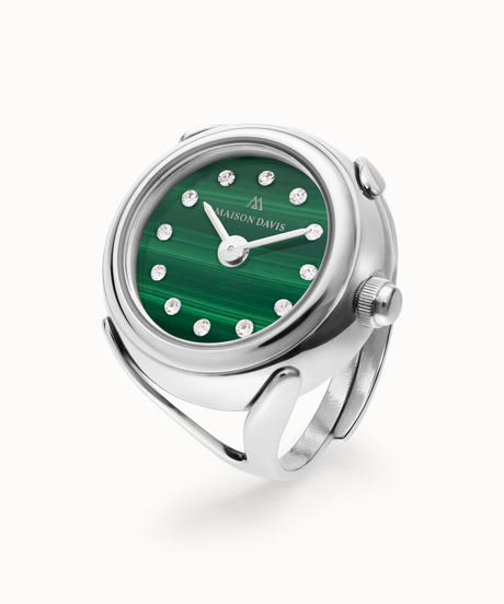 Bague montre Maison Davis en acier inoxydable avec un cadran.en malachite naturel, fabrique en suisse.