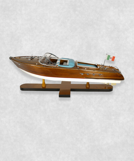 Luxury Riva wooden speedboat model with blue leather seat