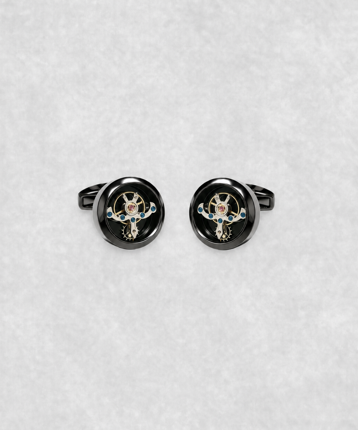 Black-coated tourbillon cufflinks – luxury watch-inspired design with moving flywheel and blue screw details