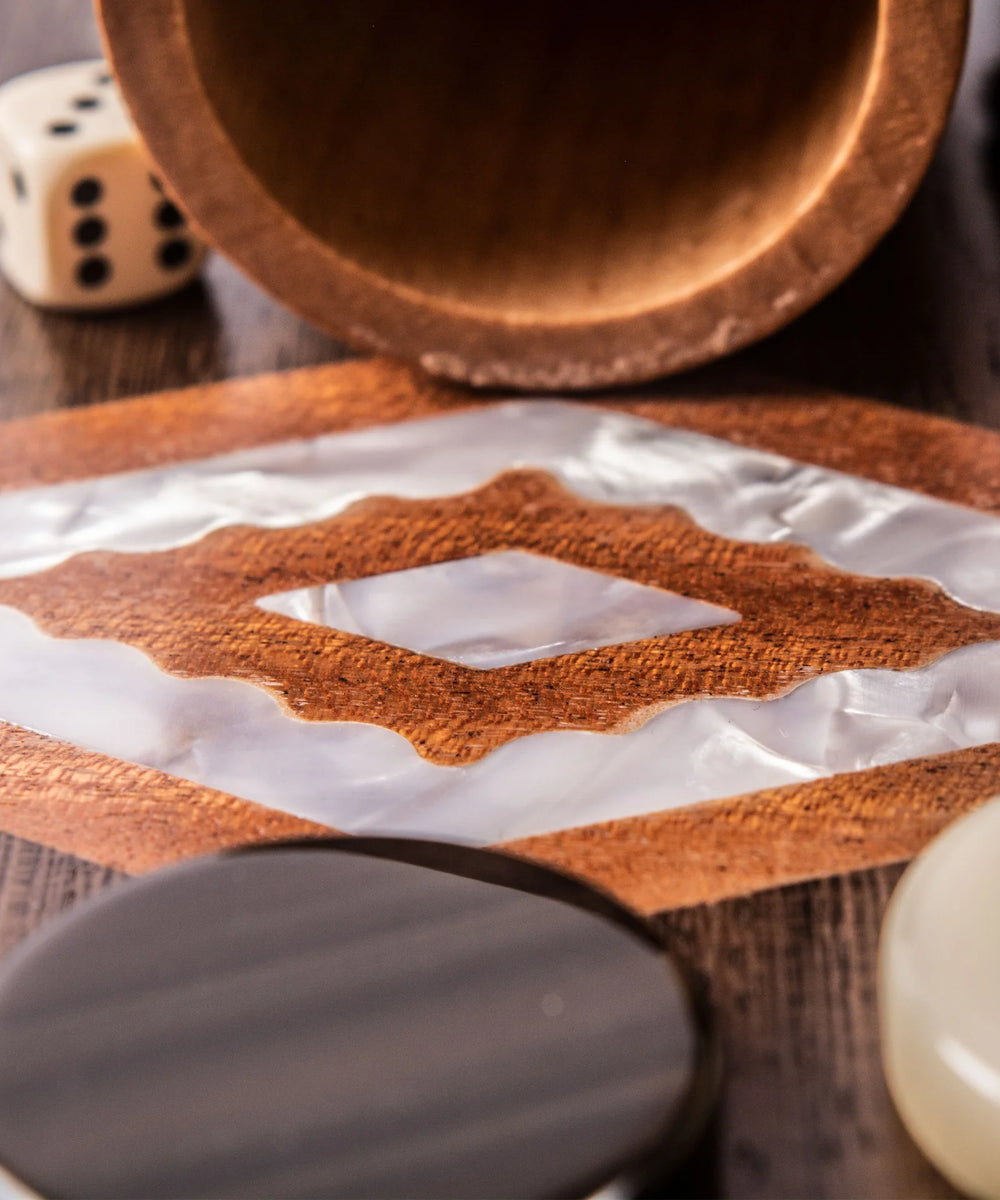 California Walnut burl Backgammon dice and pearl elements zoom