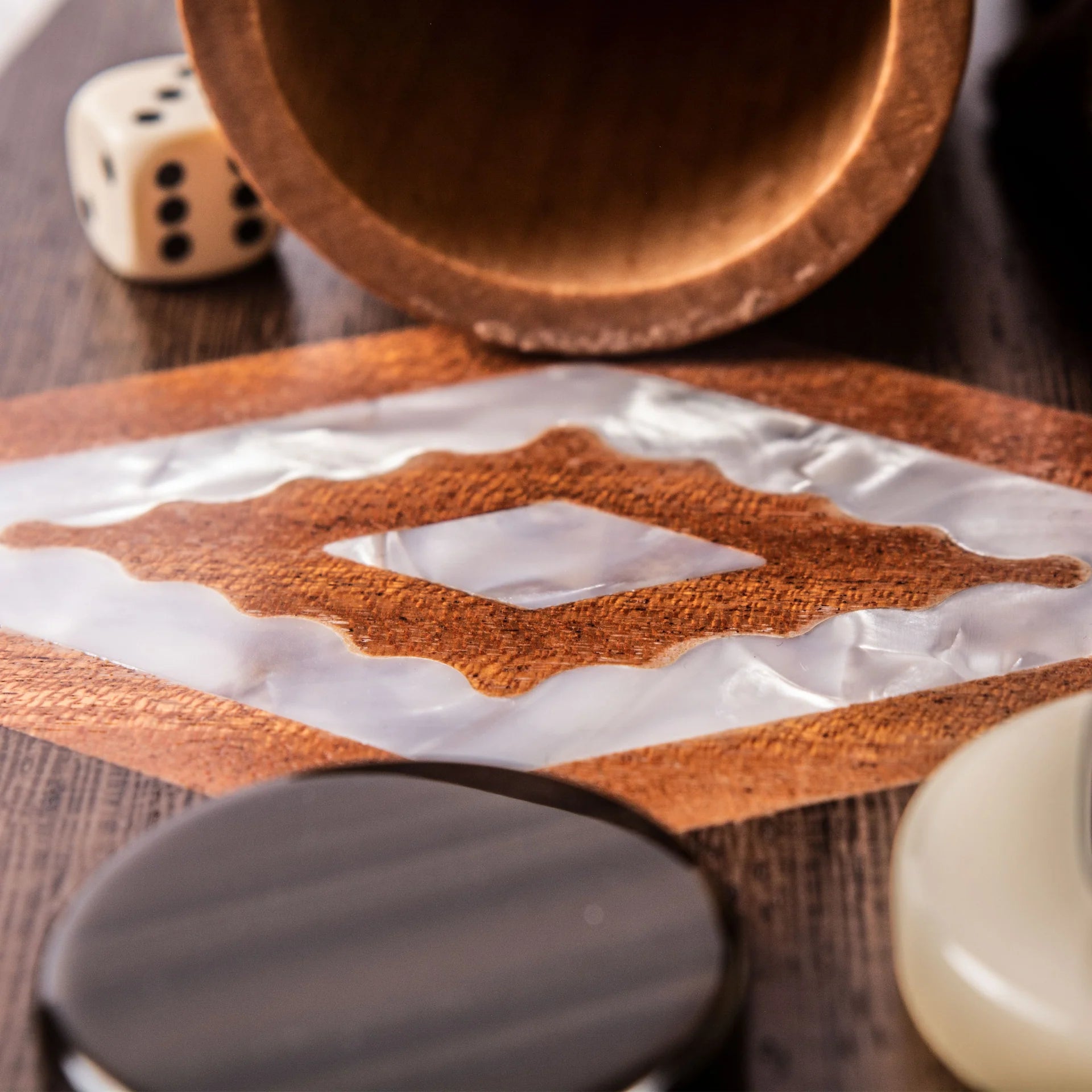 California Walnut burl Backgammon dice and pearl elements zoom