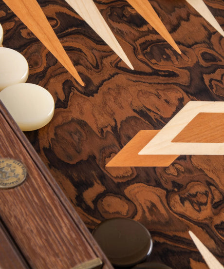 California Walnut burl backgammon zoom on checkers and board