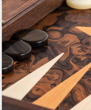 California Walnut burl backgammon zoom on checkers and board different view