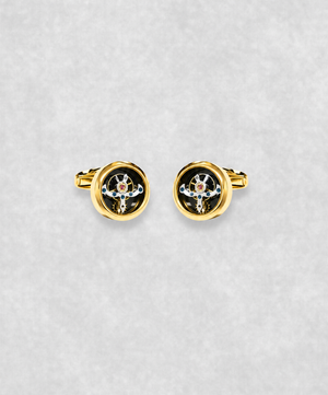 Gold-plated tourbillon cufflinks with moving flywheel – luxury watch-inspired cufflinks with blue screw details