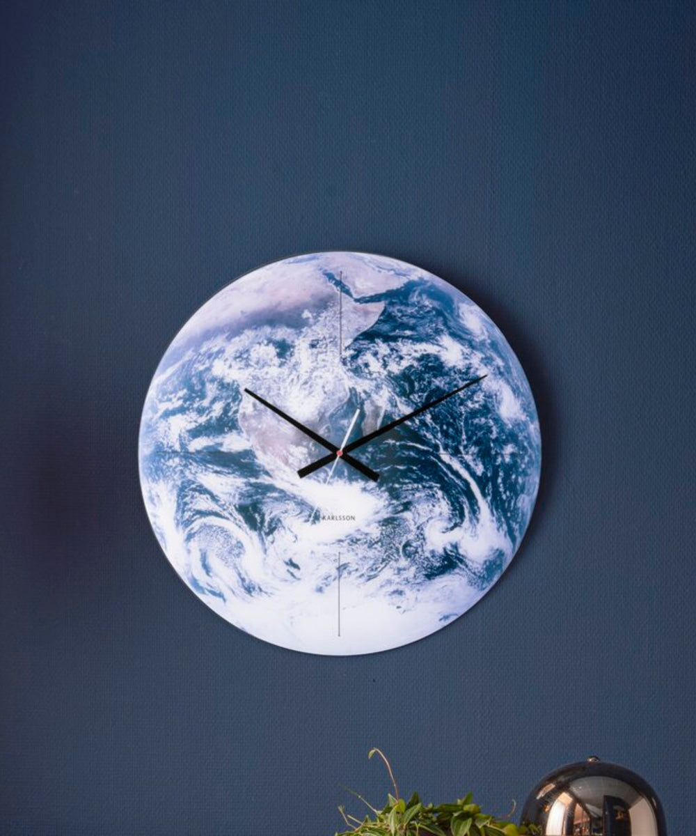 Earth Glass Wall Clock on wall display