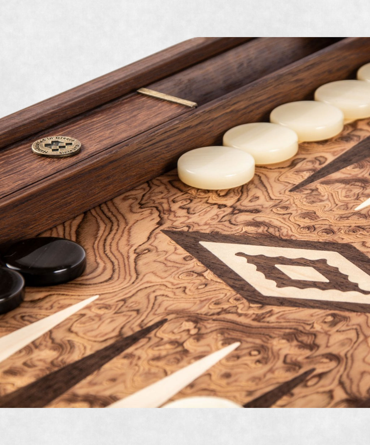 Handmade Backgammon Walnut Burl zoom on board and checkers