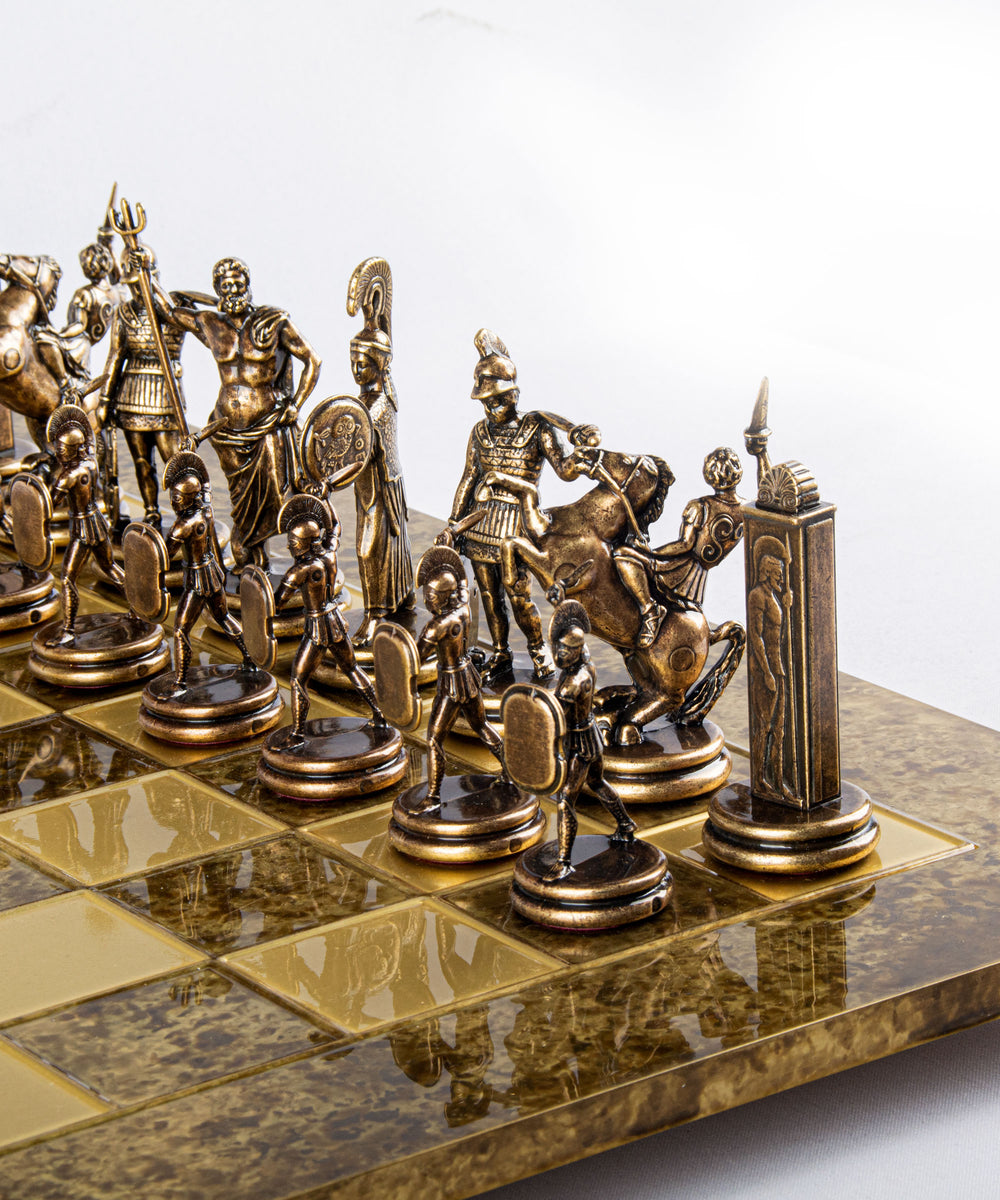 Handmade Greek Mythology Chess Game Brass and Bronze zoom view