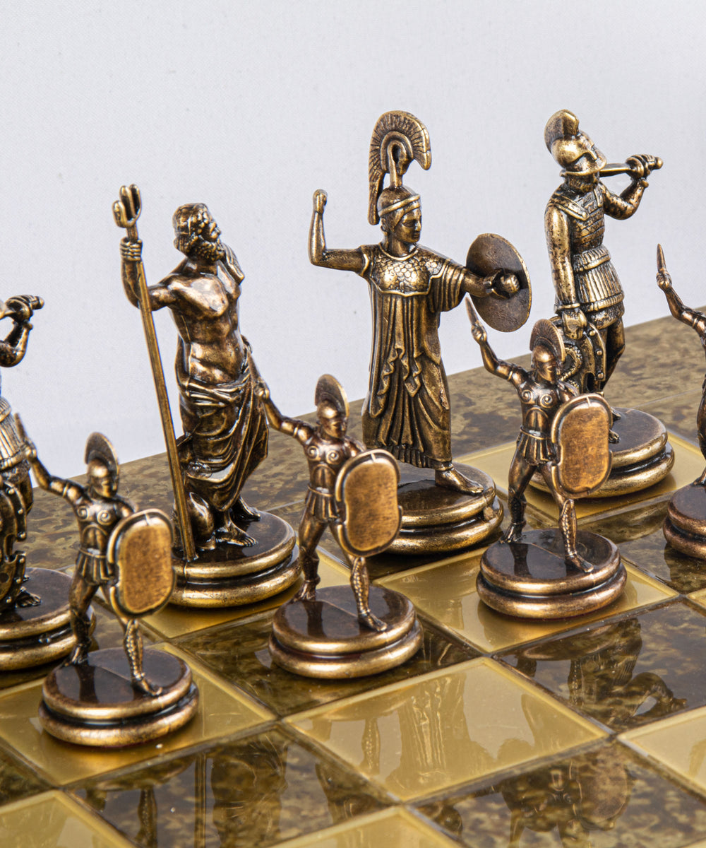 Handmade Greek Mythology Chess Game Brass and Bronze zoom view on brown chessmen