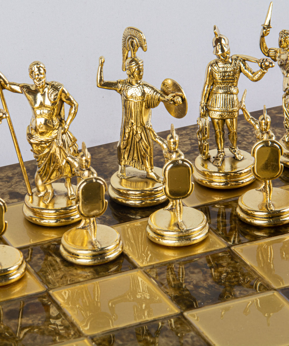 Handmade Greek Mythology Chess Game Brass and Bronze zoom view on gold chessmen