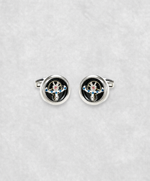 chrome-plated tourbillon cufflinks with moving flywheel – luxury watch-inspired cufflinks with blue screw details