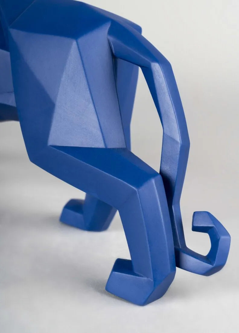 Close-up showing fine detail of blue porcelain panther sculpture handmade in Spain