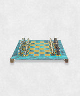 cycladic art chess zoom on chessmen turquoise board
