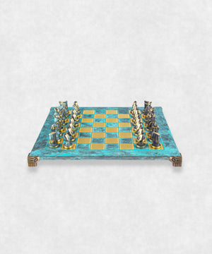 cycladic art chess zoom on chessmen turquoise board