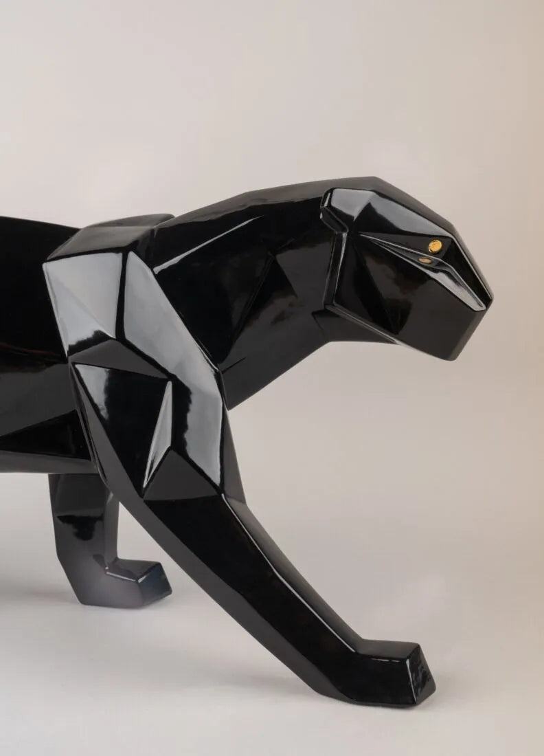 Glossy black porcelain panther sculpture with shiny finish, handcrafted in Spain