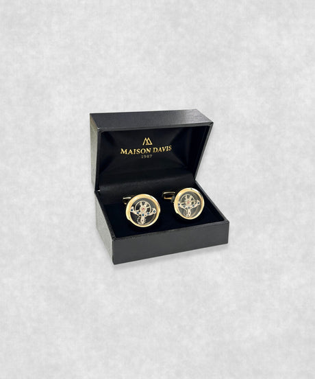 Gold-plated tourbillon cufflinks in luxury presentation box – moving flywheel design with blue screw details