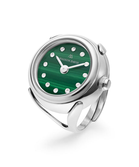 Bague montre Maison Davis en acier inoxydable avec un cadran.en malachite naturel, fabrique en suisse.
