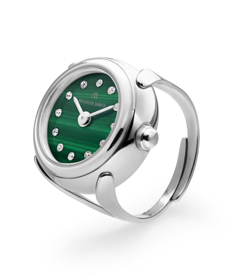 Ring watch with a malachite dial and crystal markers.