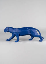 Side view of handcrafted blue porcelain panther sculpture made in Spain