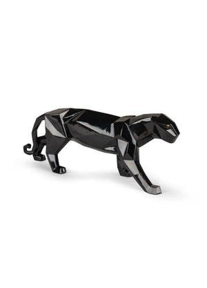 Side view of handcrafted glossy black porcelain panther sculpture made in Spain